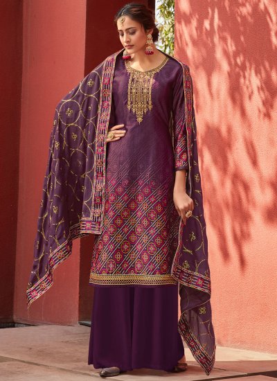 Girlish Digital Print Satin Purple Designer Palazzo Salwar Suit