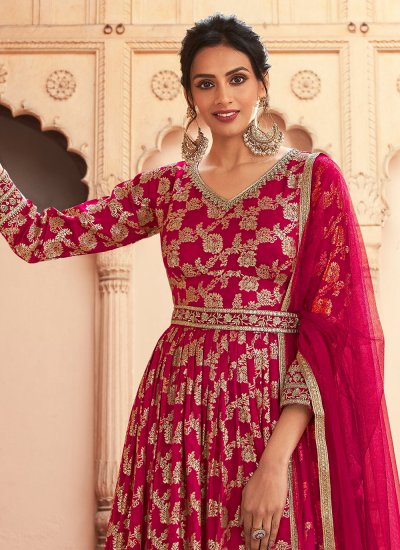 Girlish Embroidered Silk Hot Pink Trendy Anarkali Salwar Kameez