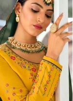 Girlish Georgette Satin Thread Green and Yellow Pakistani Salwar Kameez