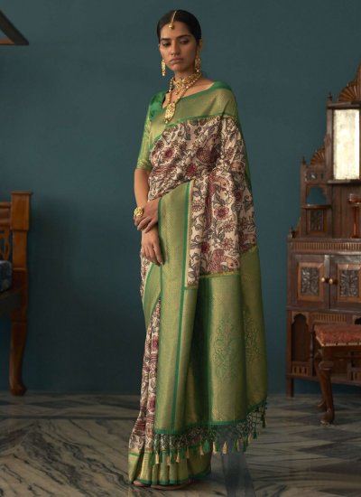 Girlish Tussar Silk Green Floral Print Classic Saree