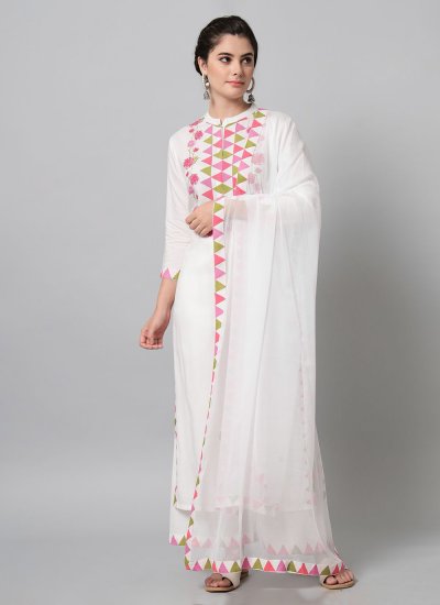 Girlish White Printed Rayon Salwar Kameez