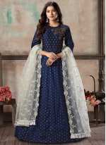 Glamorous Embroidered Blue Tafeta Silk Salwar Suit