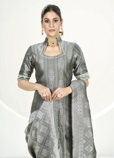 Glamorous Grey Banarasi Silk Pant Style Suit