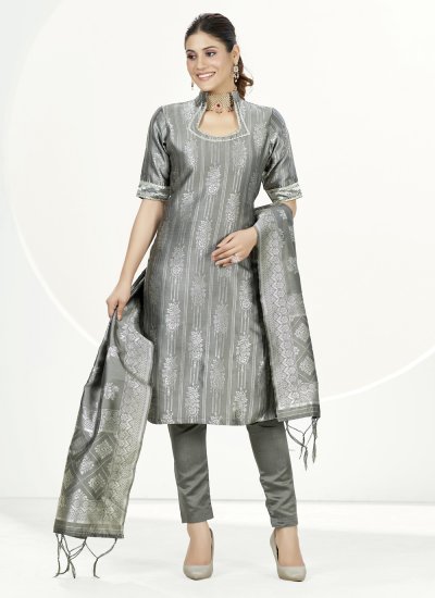 Glamorous Grey Banarasi Silk Pant Style Suit