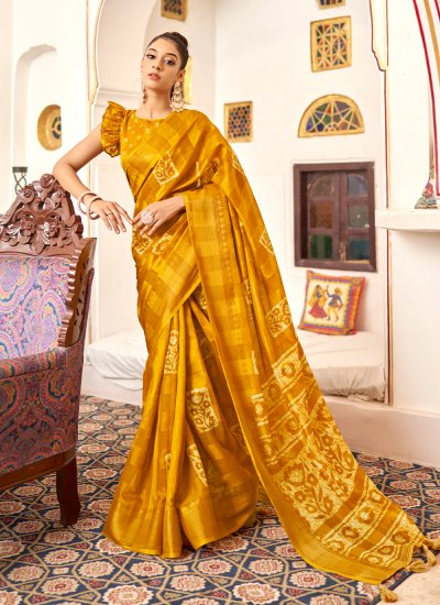 Glamorous Printed Yellow Poly Cotton Classic Saree