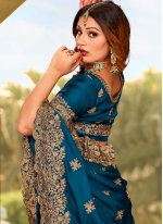 Glamorous Satin Embroidered Teal Contemporary Style Saree