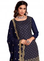 Gleaming Georgette Blue Embroidered Designer Straight Salwar Suit