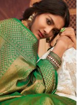 Gleaming Green and Off White Fancy Silk Classic Designer Saree