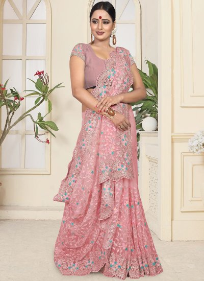 Gleaming Pink Resham Trendy Saree