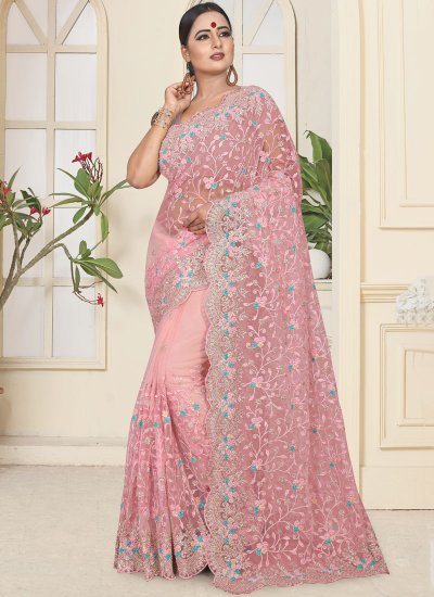 Gleaming Pink Resham Trendy Saree