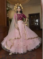 Glitzy Net Pink Sequins Designer A Line Lehenga Choli