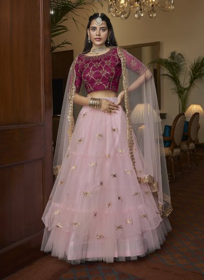 Glitzy Net Pink Sequins Designer A Line Lehenga Choli