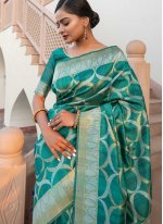 Glitzy Weaving Tussar Silk Green Designer Saree