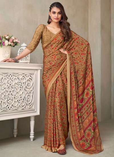 Glorious Brown Printed Faux Crepe Contemporary Saree