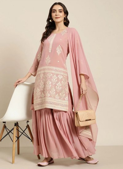 Glorious Pink Foil Print Georgette Readymade Salwar Suit
