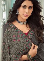 Glorious Satin Grey Embroidered Trendy Saree