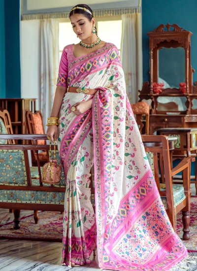 Glossy Banarasi Silk Off White Woven Trendy Saree