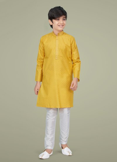 Glossy Cotton Silk Printed Yellow Kurta Pyjama