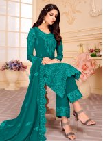 Glossy Embroidered Faux Georgette Turquoise Pakistani Salwar Kameez