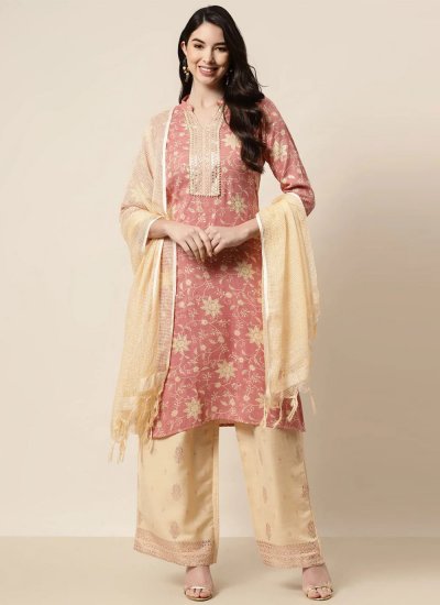 Glossy Floral Print Rayon Pink Trendy Designer Salwar Kameez