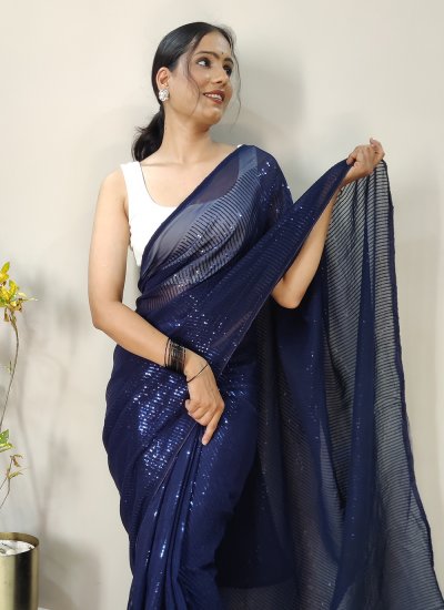 
                            Glossy Georgette Navy Blue Sequins Saree