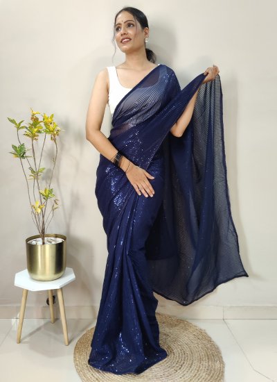 Glossy Georgette Navy Blue Sequins Saree