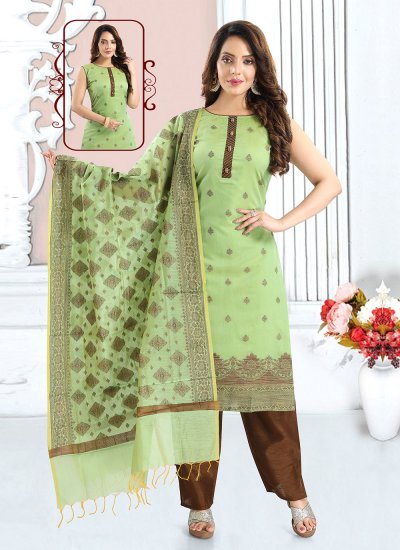 Glossy Green Weaving Silk Straight Salwar Suit