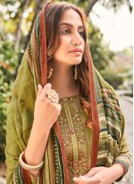 Glossy Muslin Green Embroidered Designer Palazzo Suit
