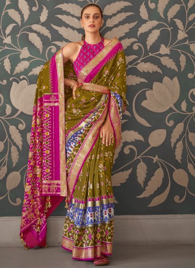 Glossy Print Green Patola Silk  Designer Saree