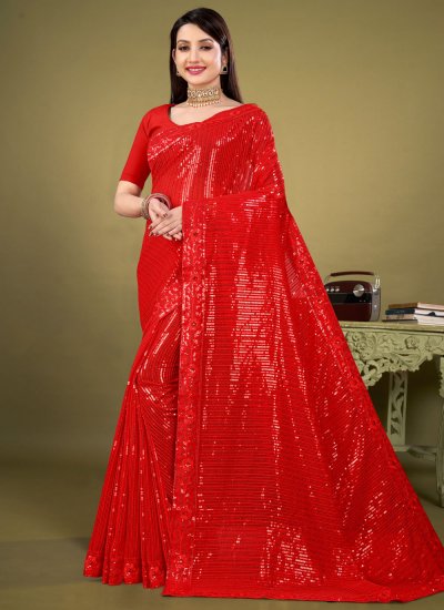 Glossy Red Casual Classic Saree