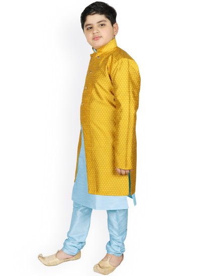Glossy Turquoise and Yellow Dupion Silk Fancy Jacket Style