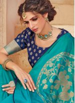 Glossy Turquoise Banarasi Silk Classic Designer Saree
