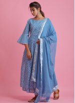 Glowing Block Print Cotton Blue Readymade Suit