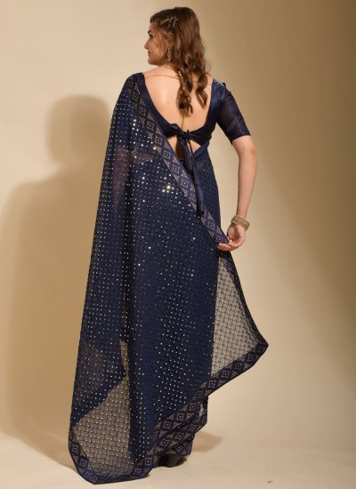 Glowing Navy Blue Embroidered Contemporary Saree