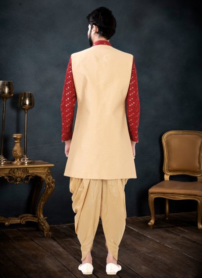Gold and Red Engagement Silk Indo Western Sherwani