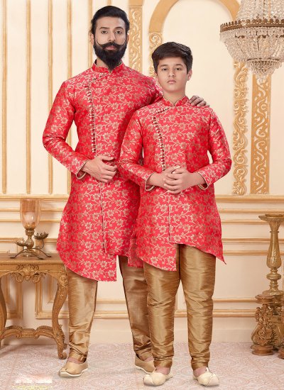 Gold and Red Jacquard Silk Indo Western