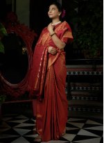 Gold and Red Kanjivaram Silk Weaving Designer Saree