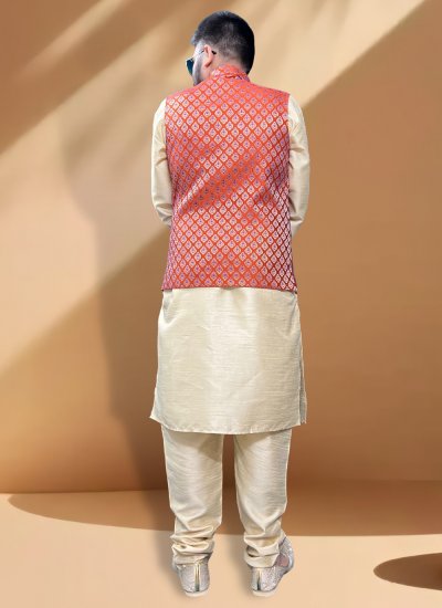 Gold and Red Mehndi Silk Kurta Payjama With Jacket
