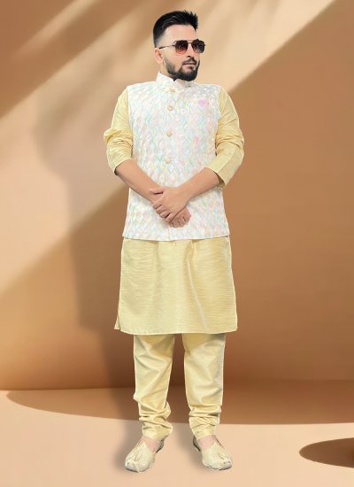 Gold and White Embroidered Festival Kurta Payjama With Jacket