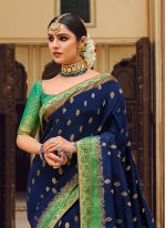 Gorgonize Lace Fancy Fabric Green and Navy Blue Traditional Saree