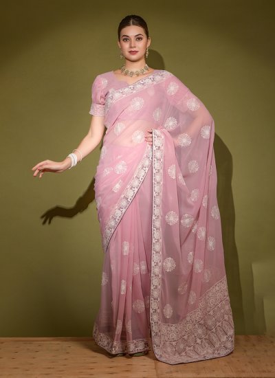 Gorgonize Pink Embroidered Faux Georgette Trendy Saree