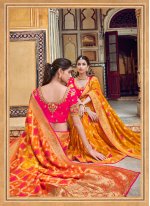 Grandiose Art Silk Red and Yellow Weaving Printed Saree