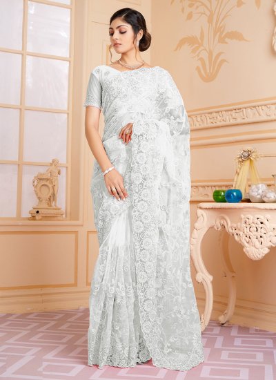 Gratifying Embroidered White Classic Saree