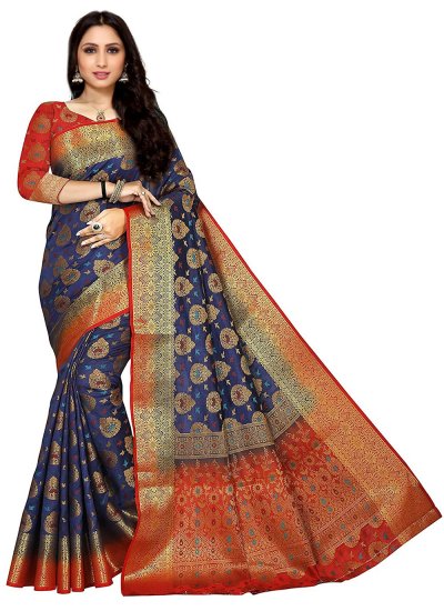 Gratifying Navy Blue Embroidered Traditional Saree