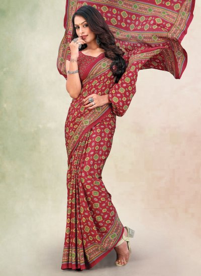 Striped Red Crepe Saree – Via East