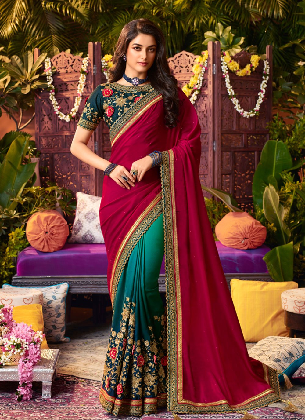 Shop Online Embroidered Crepe Silk Green and Hot Pink Designer Half N Half  Saree : 194899 -