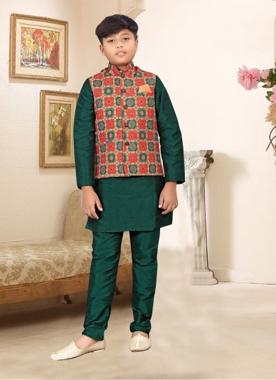 Green and Multi Colour Digital Print Ceremonial Kurta Payjama With Jacket