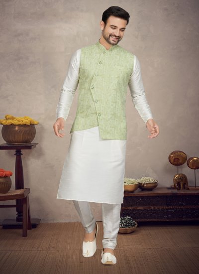 Green and Off White Color Kurta Payjama With Jacket