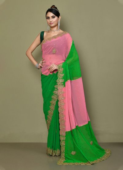 Green and Pink Embroidered Trendy Saree