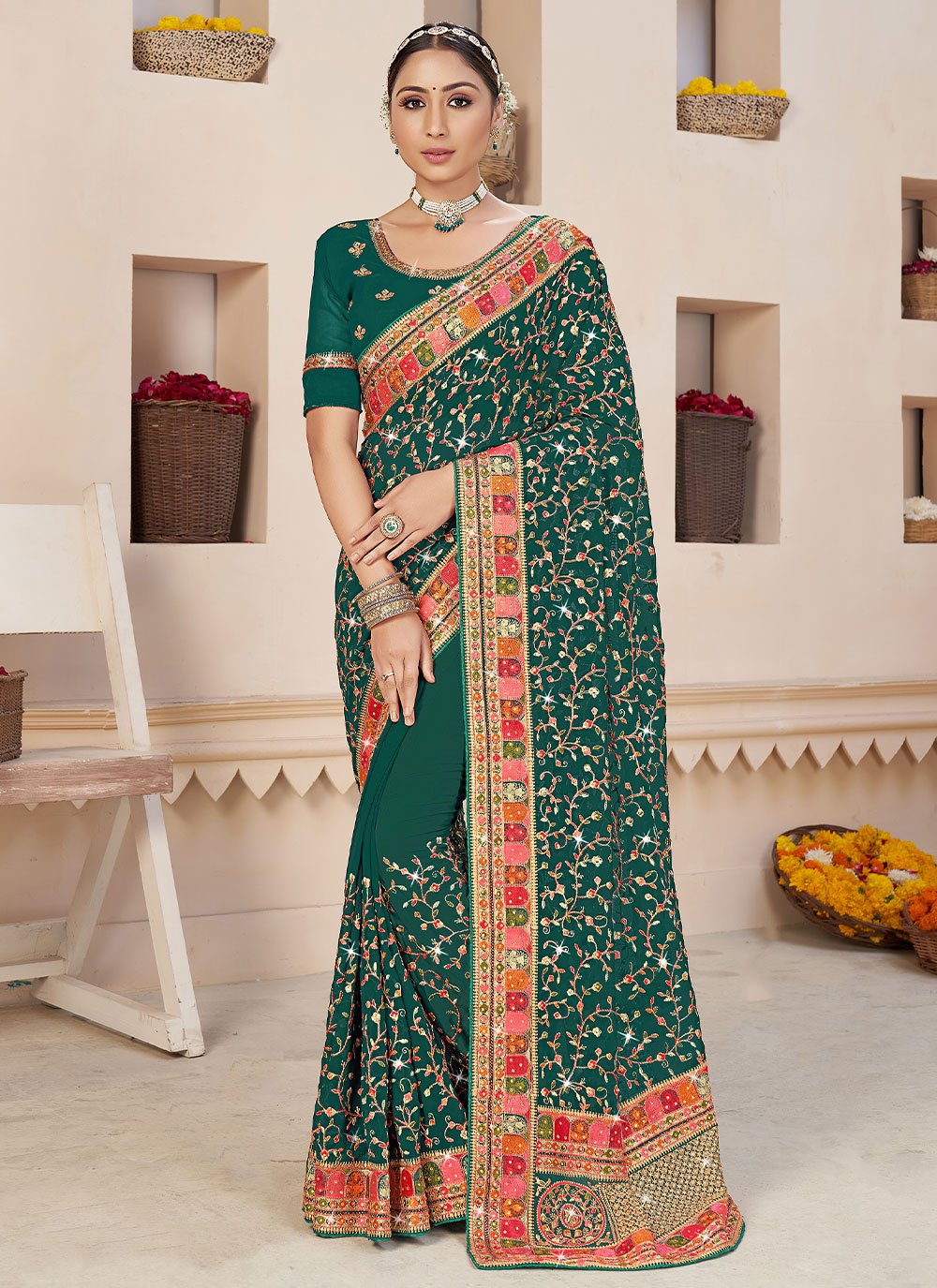 Green and Rama Color Saree